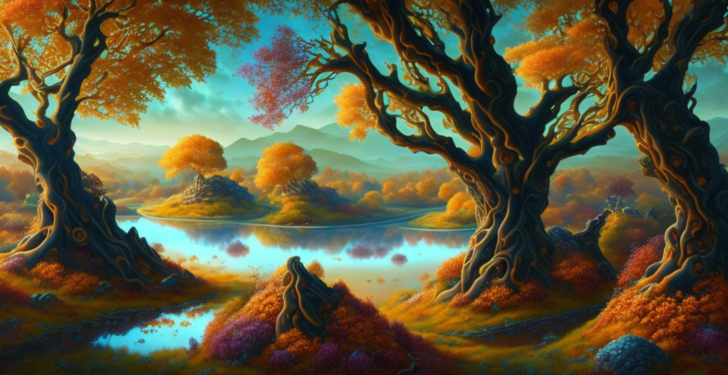 Fantasy landscape with ancient trees, river, and colorful foliage