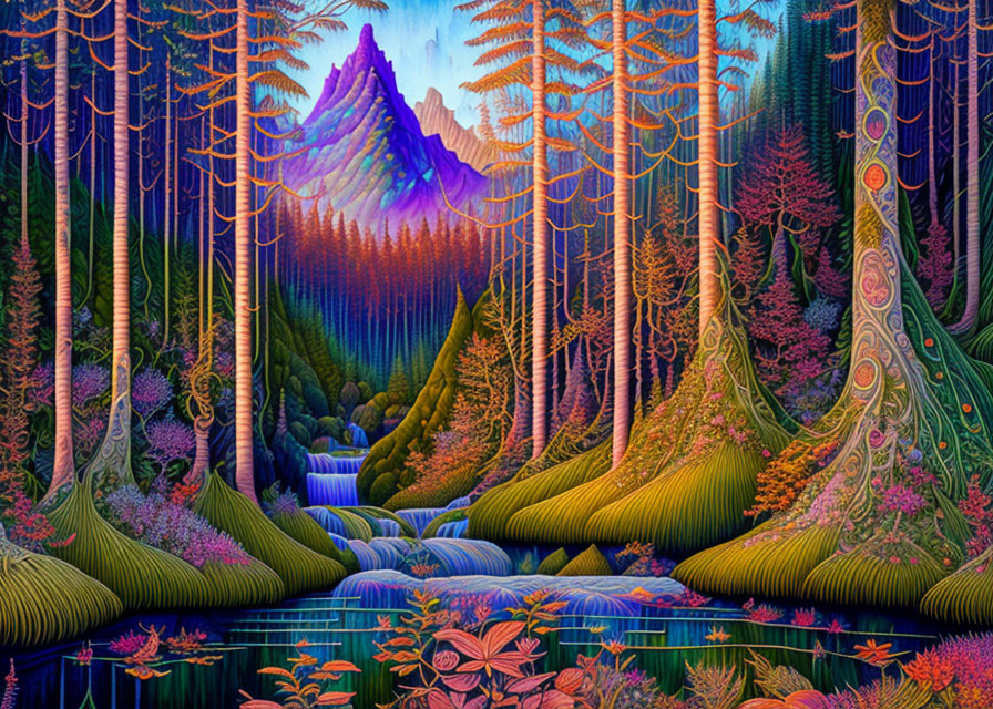 Colorful forest scene with flowing river and mountain backdrop