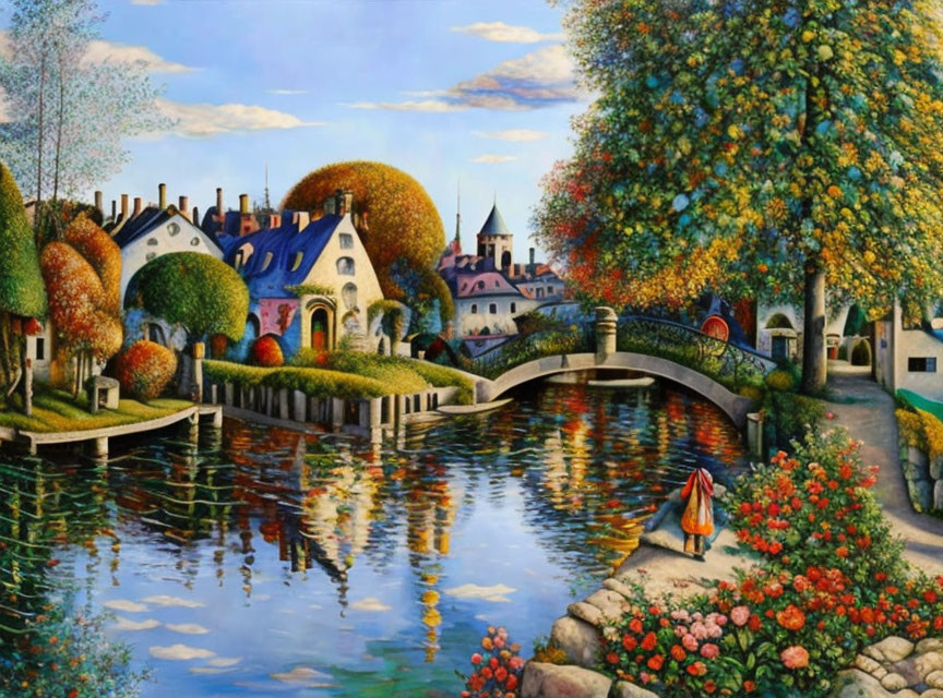 Colorful riverside village painting with autumn trees and reflection.