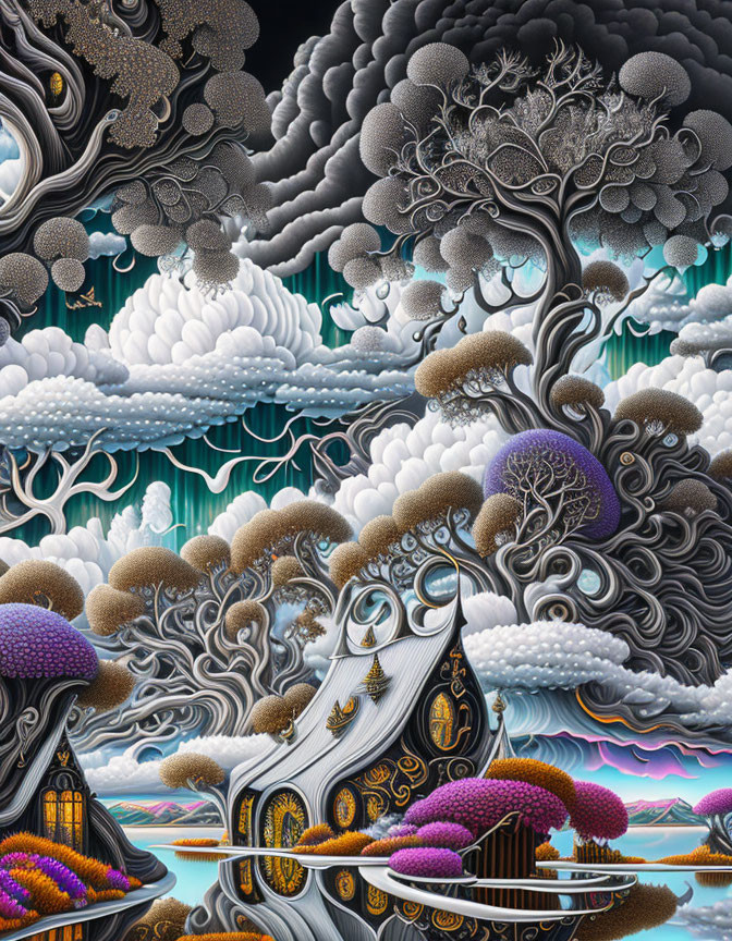 Surreal landscape with intricate trees, clouds, water, and vibrant coral structures