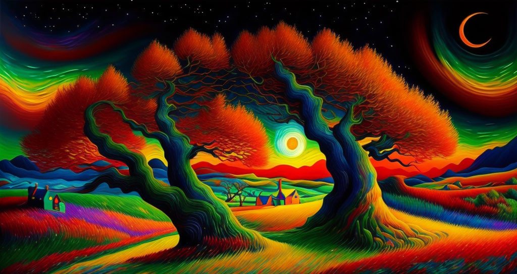 Colorful Psychedelic Landscape with Twisted Trees and Swirling Sky