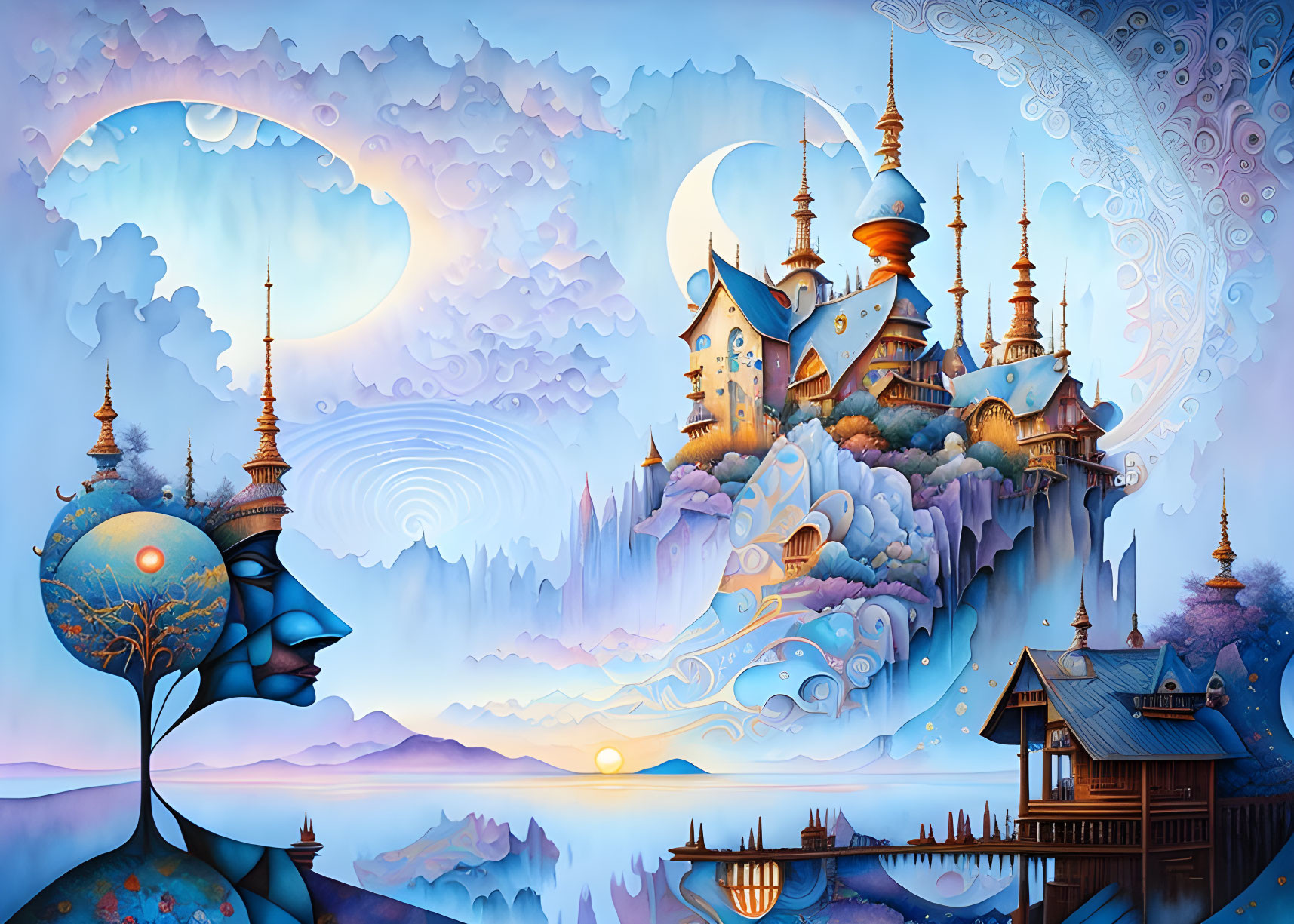 Whimsical landscape with castle, face profiles, and crescent moon