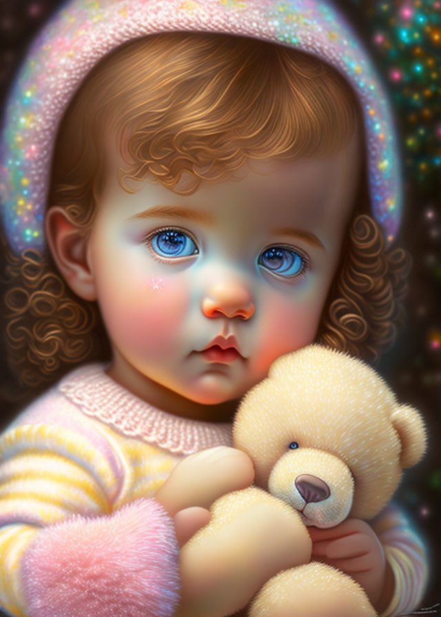 Young child with curly hair and blue eyes holding a teddy bear in digital painting