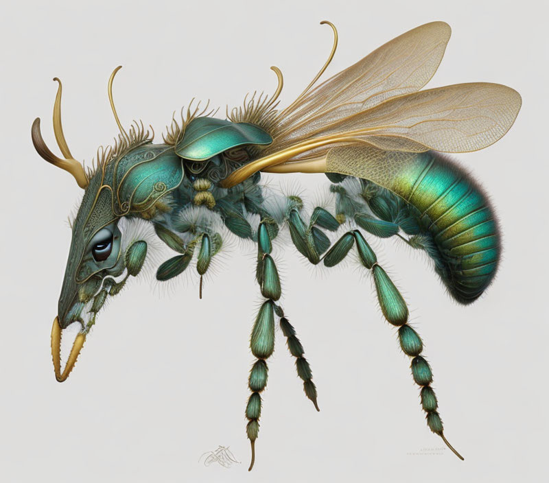 Illustration of insect with dragon-like head and metallic bee body