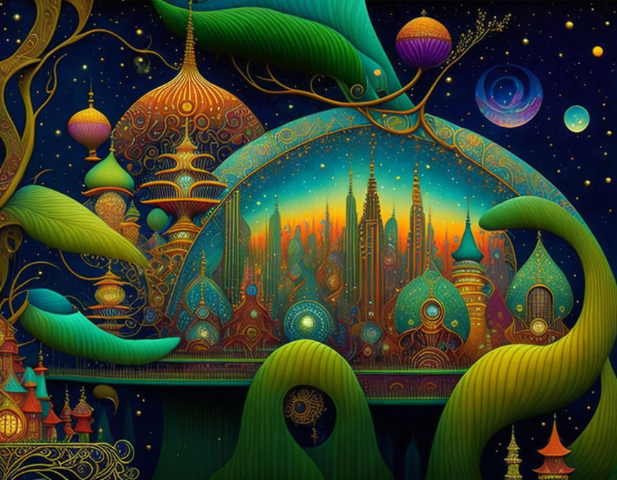 Fantastical cityscape with ornate buildings and cosmic elements