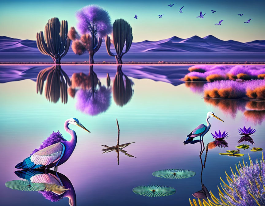 Vibrant colored trees and herons by a reflective lake in a surreal landscape