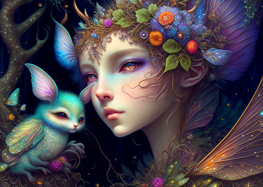 Fantastical image: Woman with floral hair and winged feline.