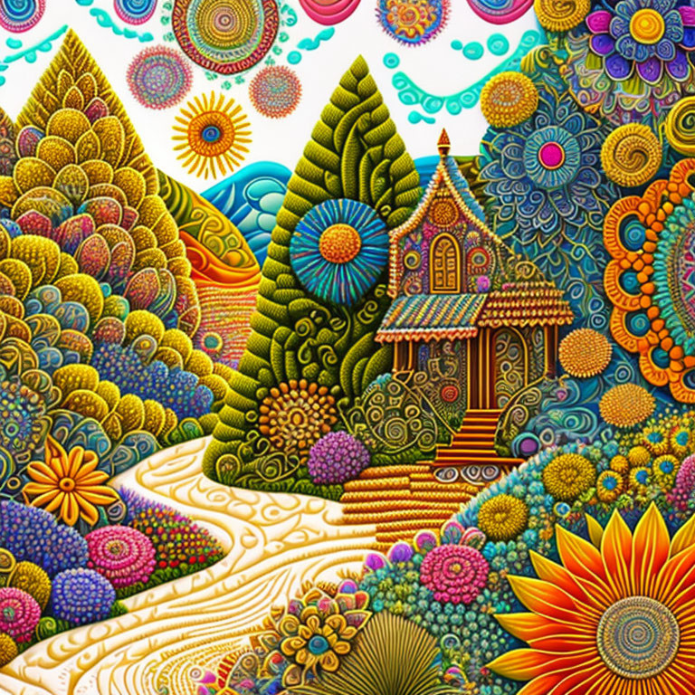 Vibrant psychedelic illustration with whimsical cottage in fantasy landscape