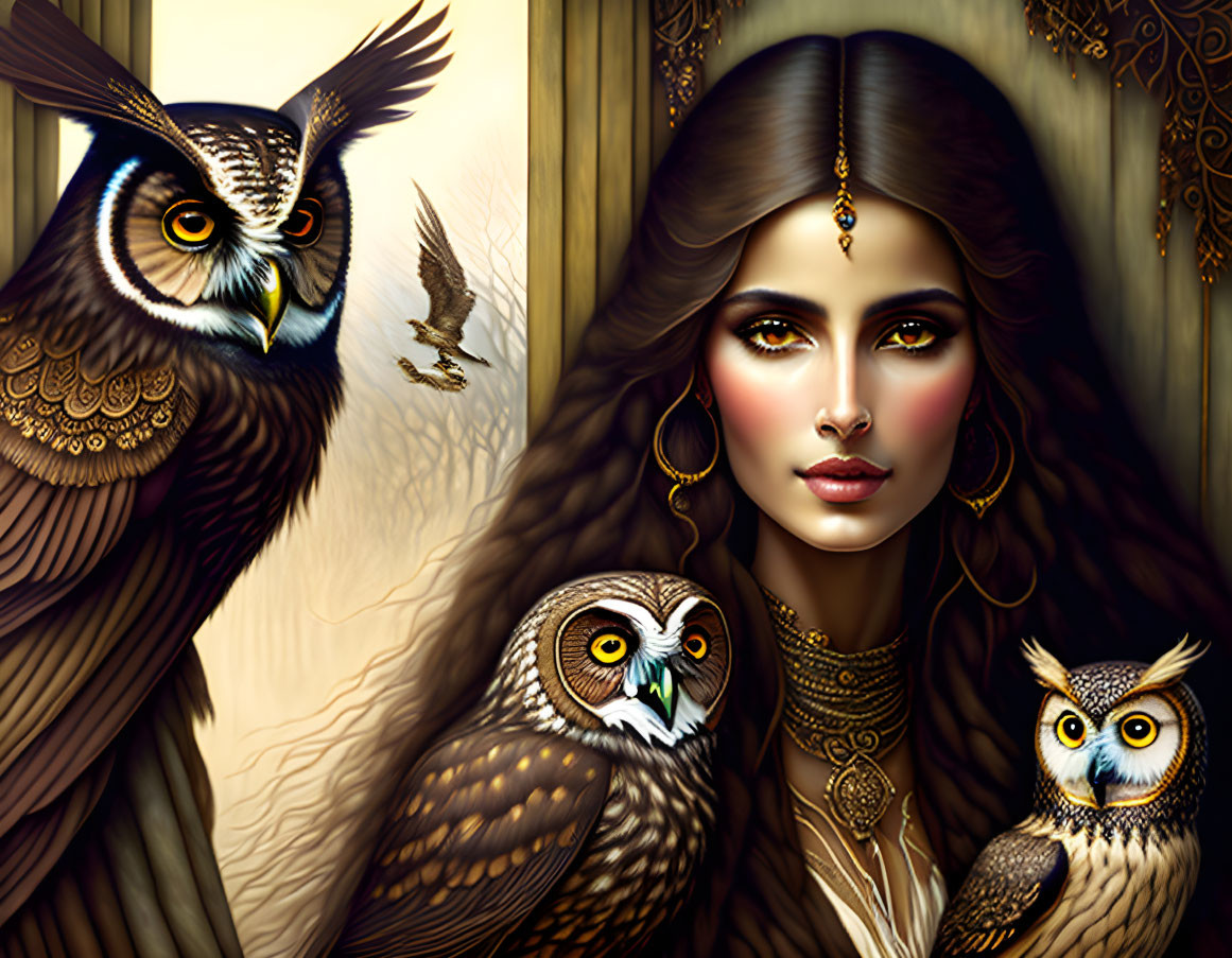 Illustrated woman with striking features and three stylized owls against ornate golden backdrop