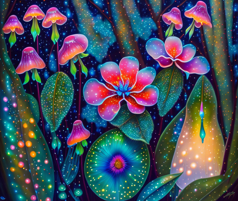 Colorful surreal painting: luminescent mushrooms, radiant pink flower, and glowing kiwi slice against