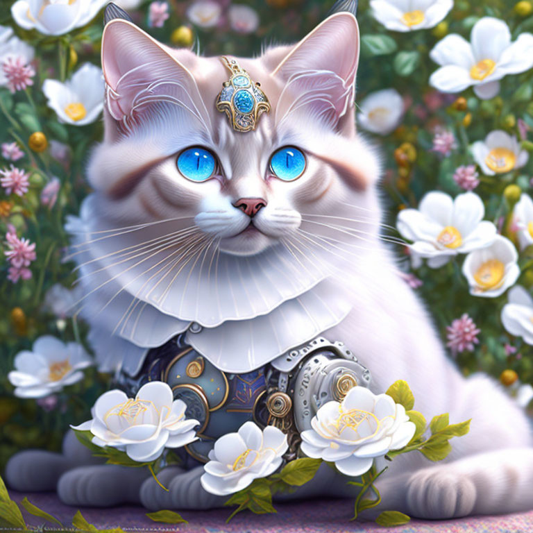 Fantastical white cat digital illustration with golden headdress and mechanical armor.