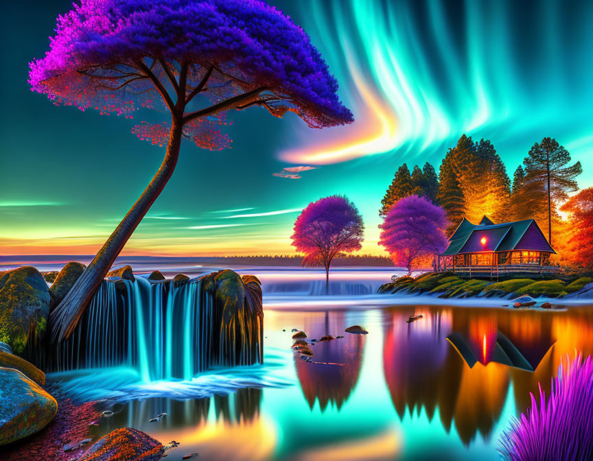 Surreal landscape with colorful sky, cabin, waterfall, and luminous purple trees