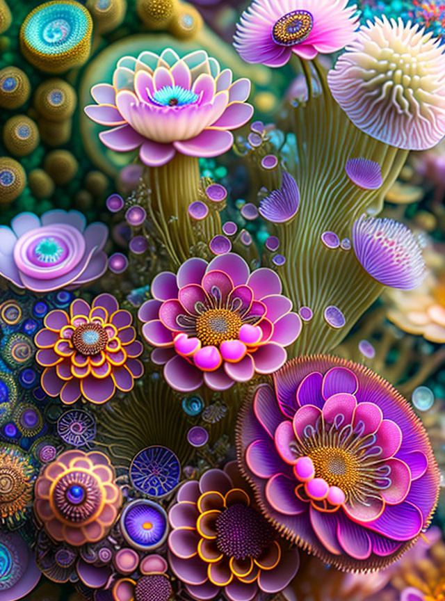 Colorful digital flora with intricate patterns in purple, pink, and teal hues.