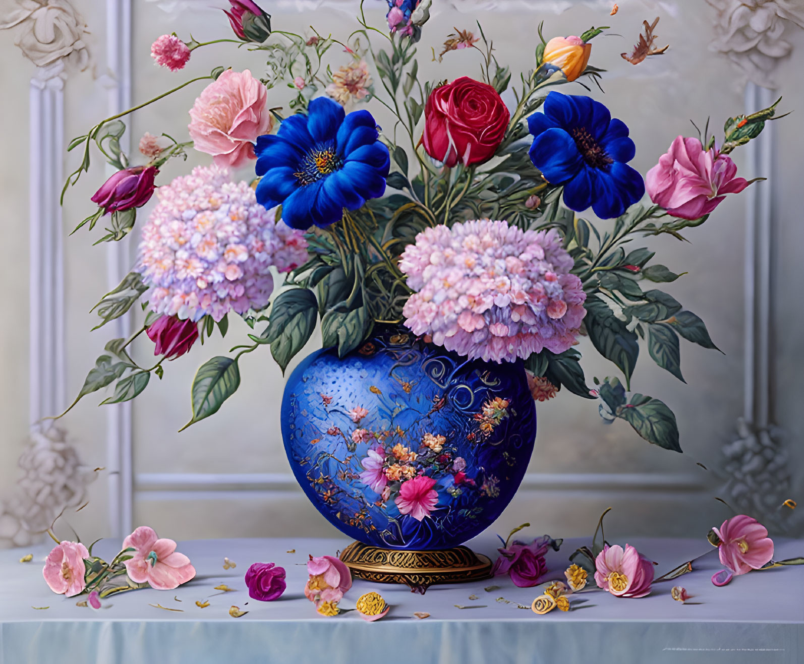 Colorful Floral Arrangement in Blue Vase by Window