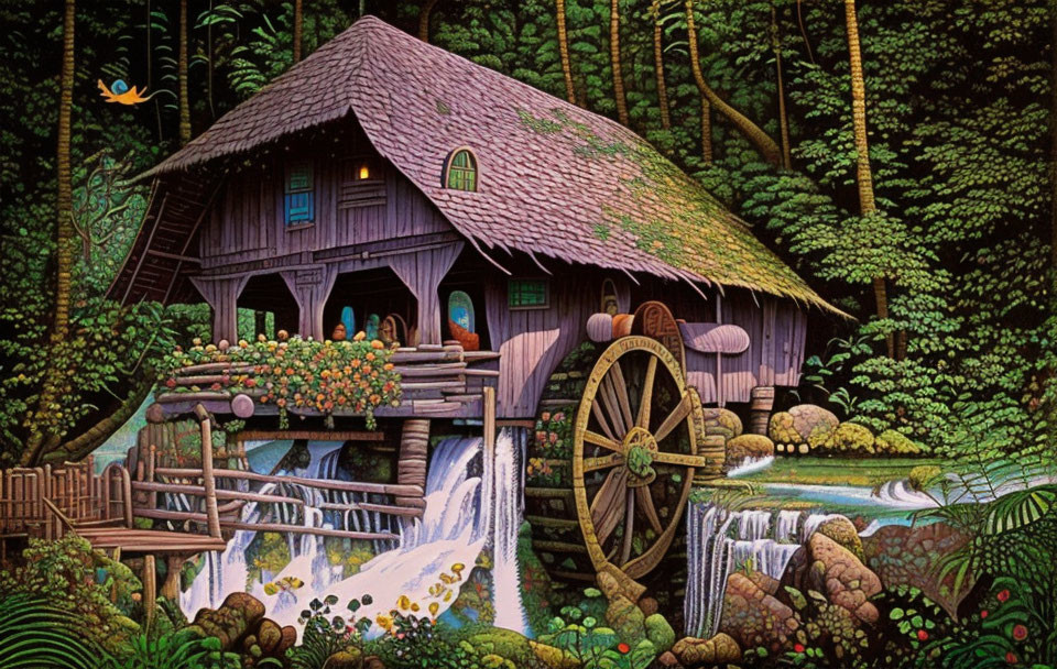 Idyllic cottage with waterwheel atop waterfall in lush forest