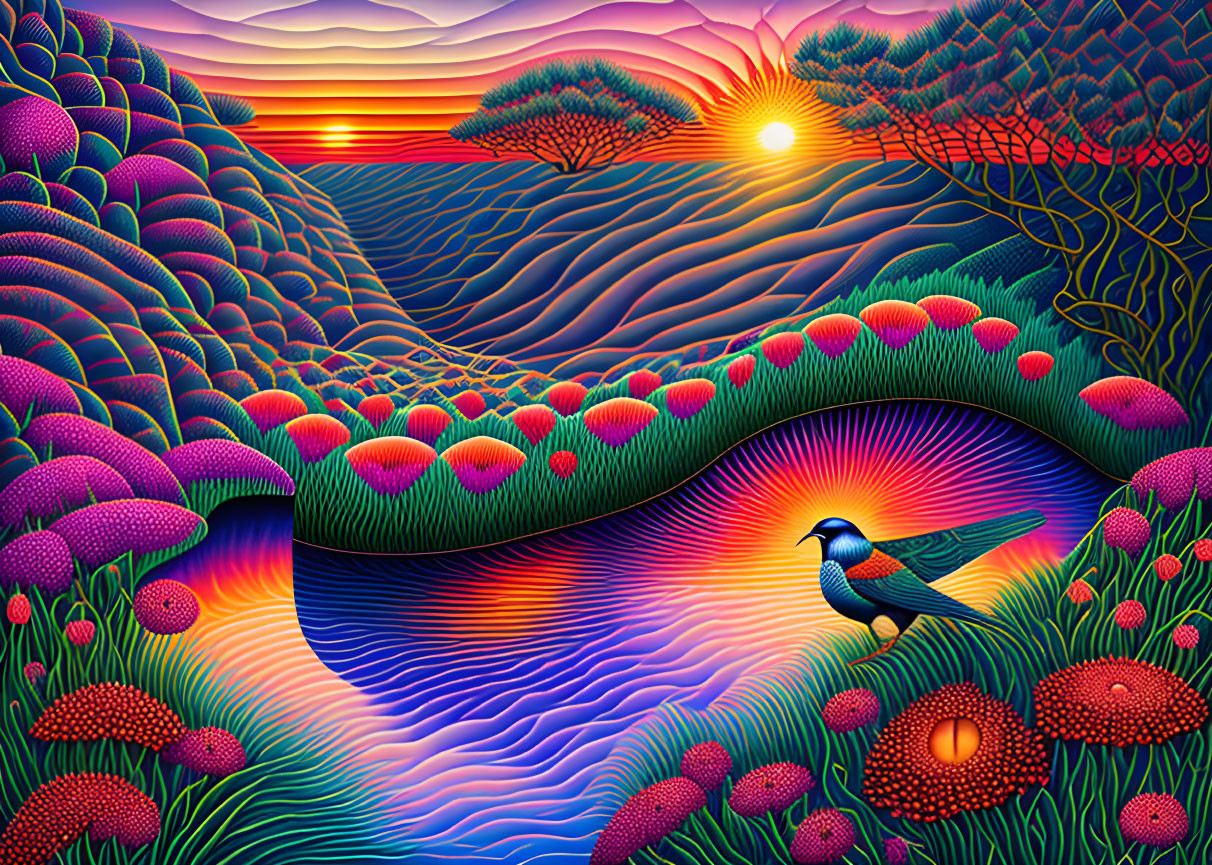 Colorful surreal landscape with stylized river, flora, bird, and sunset sky.