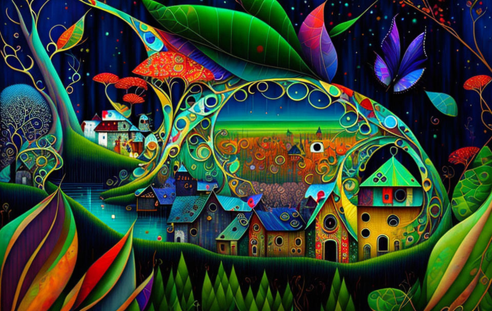 Colorful Fantasy Art: Vibrant Landscape with Whimsical Houses and Trees