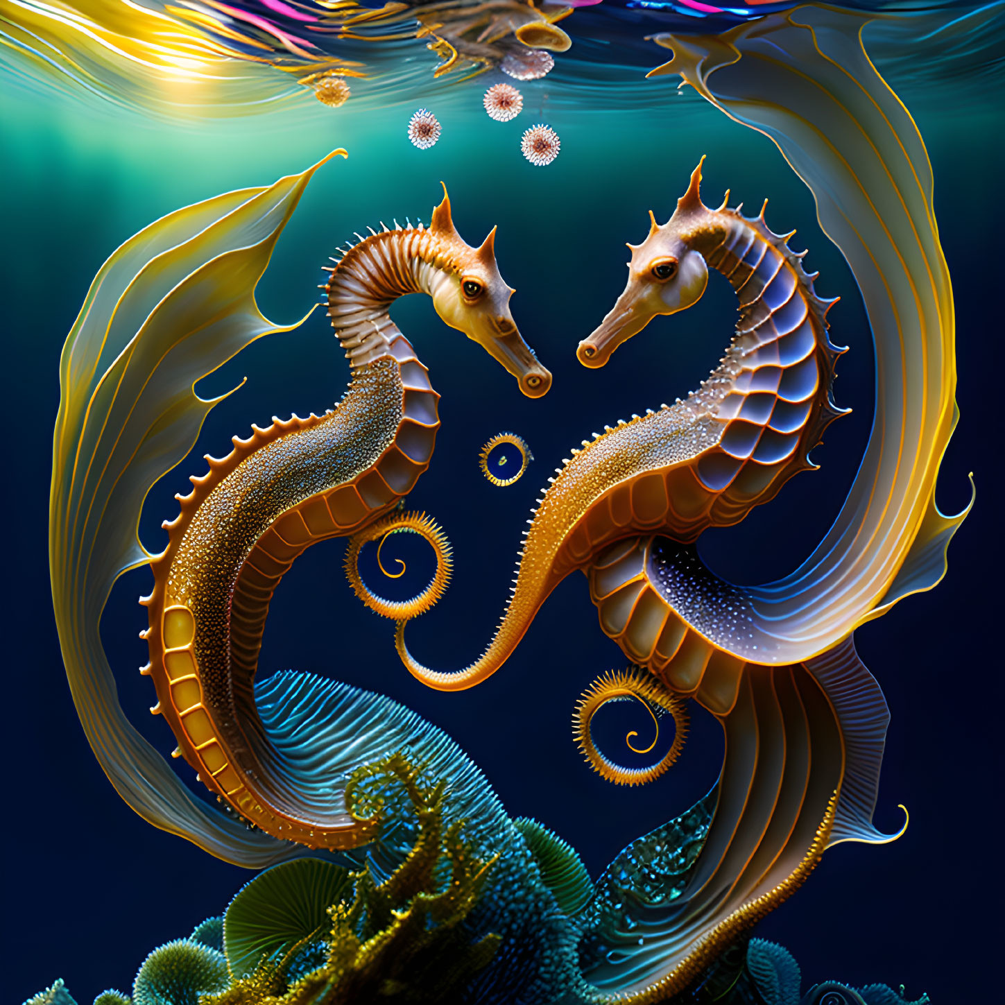 Vibrant stylized seahorses among coral and bubbles