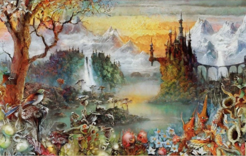 Colorful Flora, Waterfalls, Castle, Wildlife in Fantasy Landscape