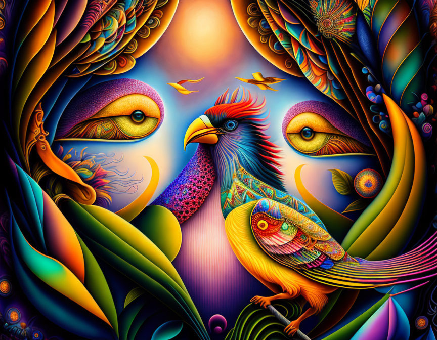 Colorful Digital Artwork Featuring Stylized Birds and Foliage Against Luminous Background