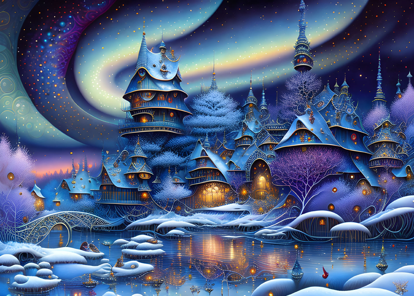 Vibrant fantasy landscape with colorful sky and snow-covered buildings