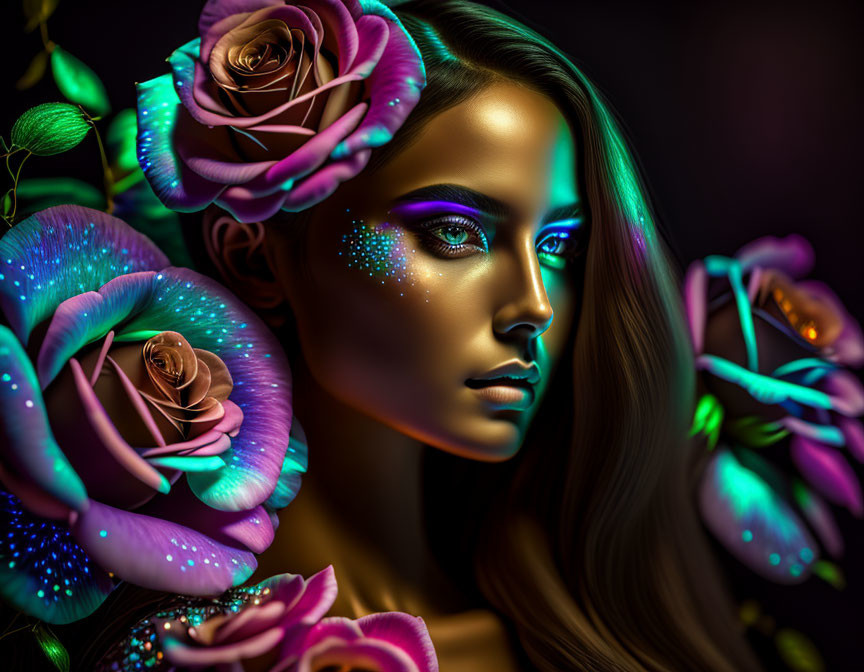 Vivid neon-lit flowers frame woman with glowing makeup