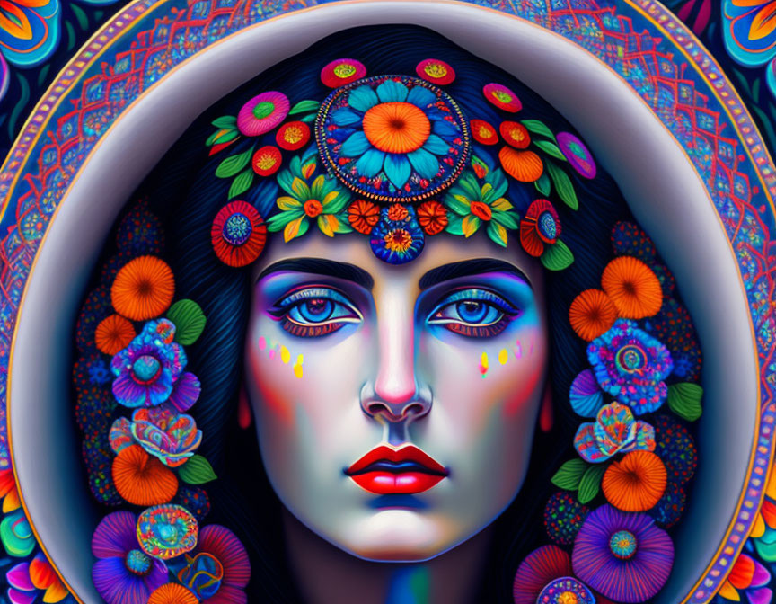 Colorful digital portrait of a woman with floral headwear and vivid patterns, featuring blue eyes and adorned