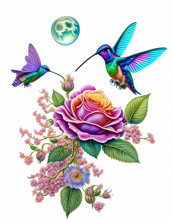 Colorful hummingbirds and flowers with full moon in nature scene.