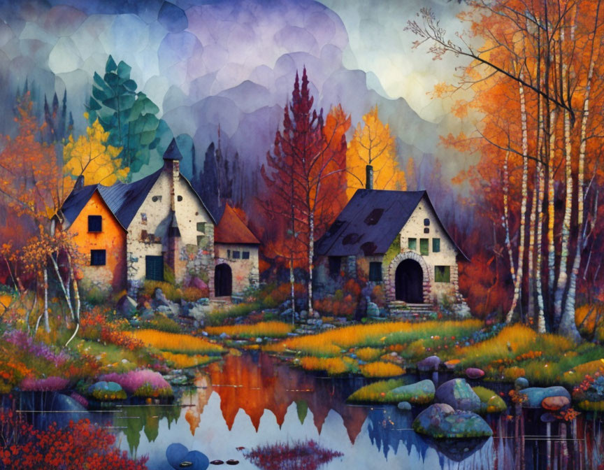 Colorful autumn scene with cottages and mountains by a reflective lake