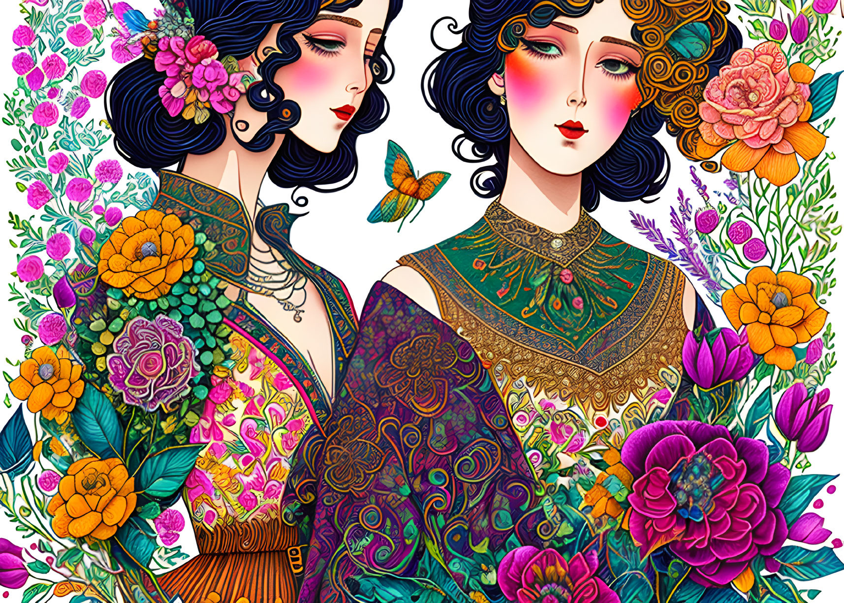 Colorful Illustration Featuring Two Women with Floral Designs and Butterflies