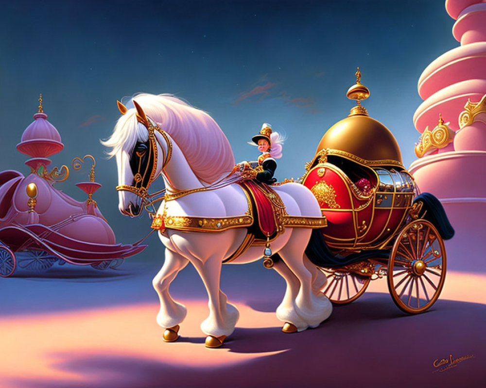 Majestic white horse pulling golden carriage in whimsical sky