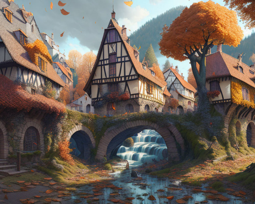 Medieval village with half-timbered houses, stone bridge, and autumn foliage