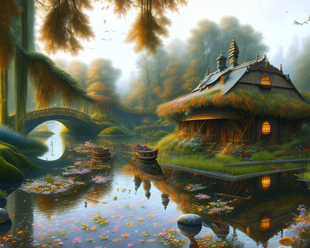 Serene fantasy landscape with thatched cottage, pond, flowers, stone bridge, boats, and lum