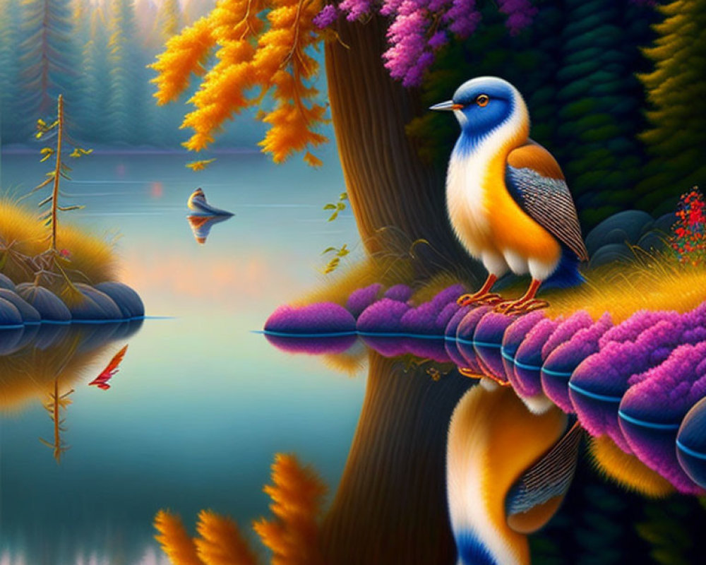 Colorful bird digital artwork on purple branch with lake and autumn trees