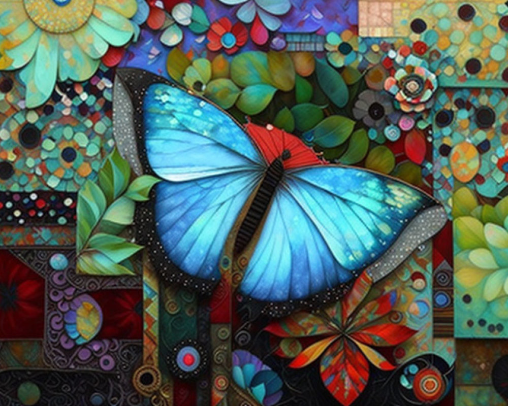 Colorful mosaic background with large blue butterfly and floral patterns