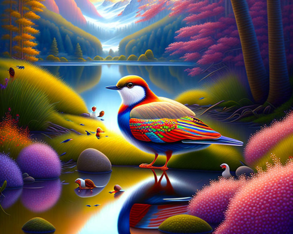 Colorful Stylized Bird by Reflective Lake and Vibrant Trees