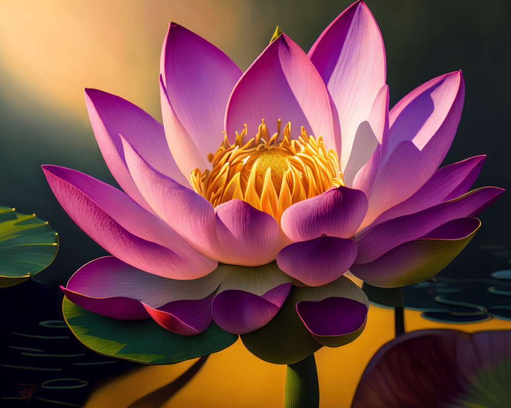 Vibrant pink and white lotus flower against dark water and warm light