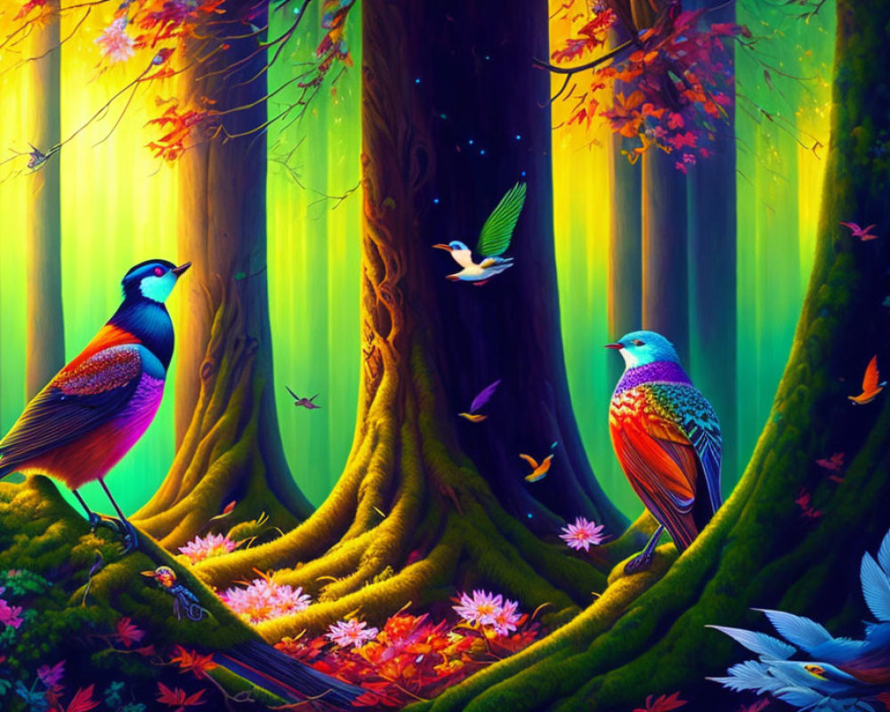 Colorful Birds, Glowing Butterflies & Neon-Lit Trees in Fantasy Forest