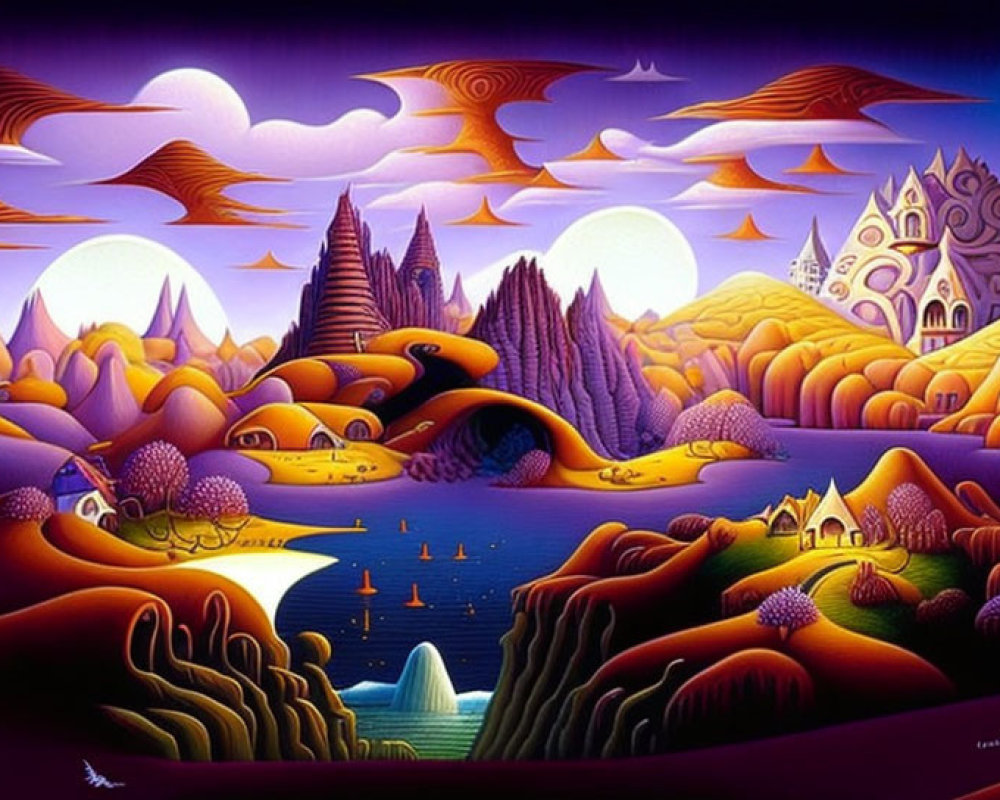 Whimsical landscape painting with purple and gold hues