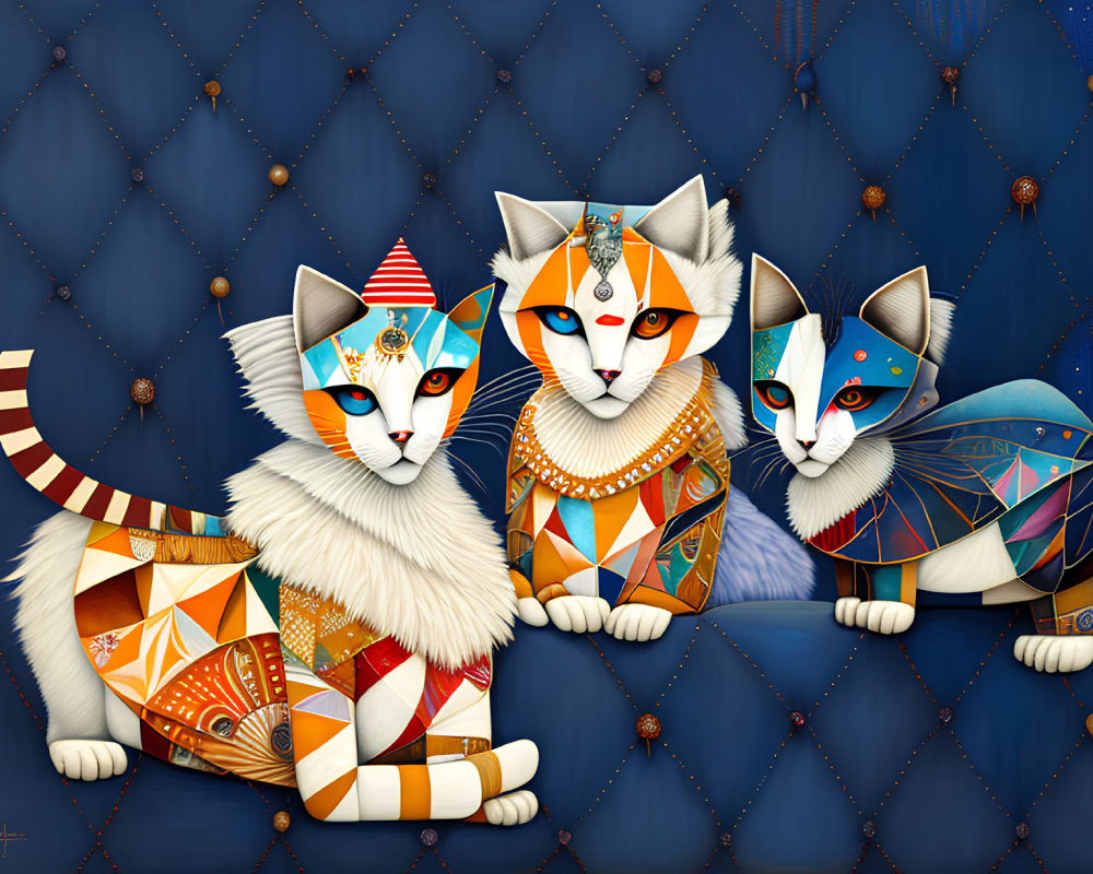 Colorful geometric pattern cats on blue quilted background