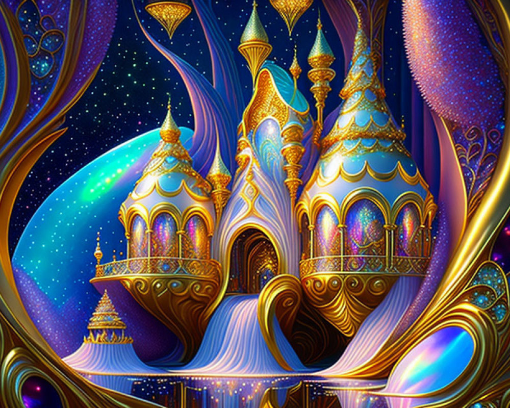 Fantastical palace with golden domes and cosmic trees under starry sky