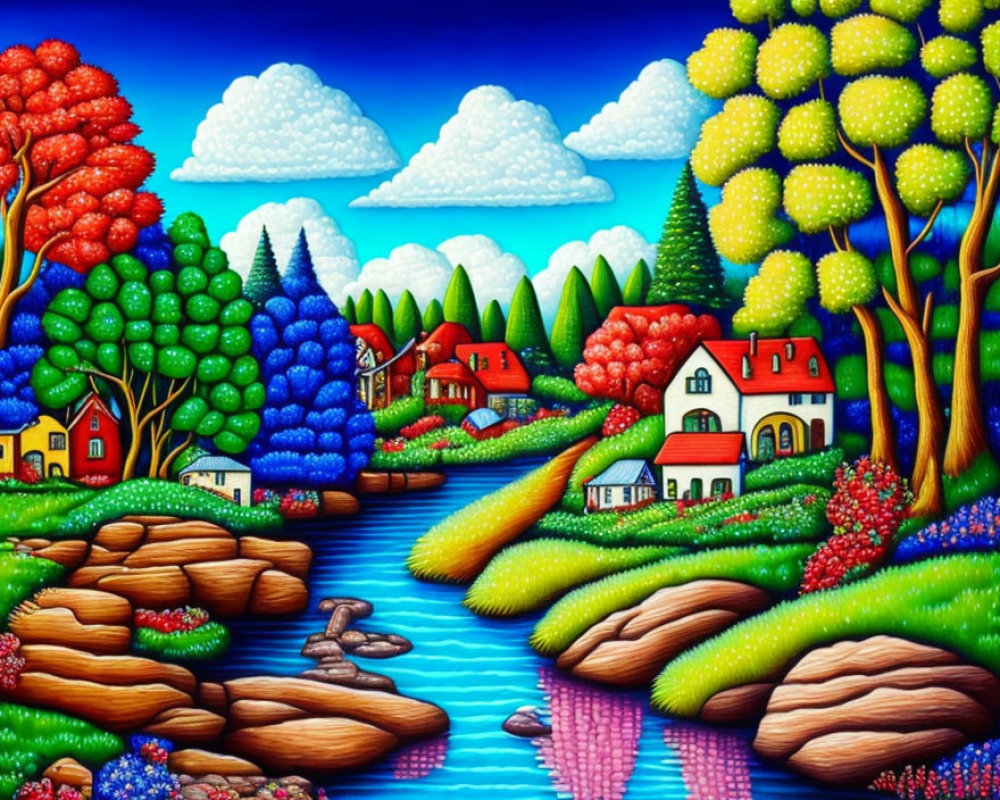 Colorful Landscape with Whimsical Trees, River, and Quaint Houses