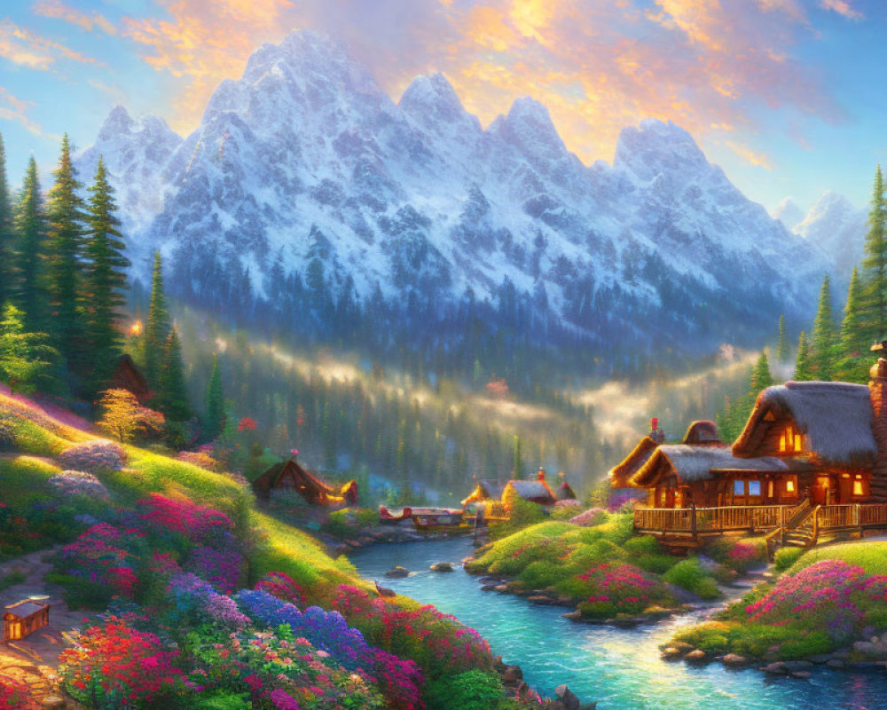 Picturesque mountain village with cozy cottages, flower gardens, river, and misty peaks