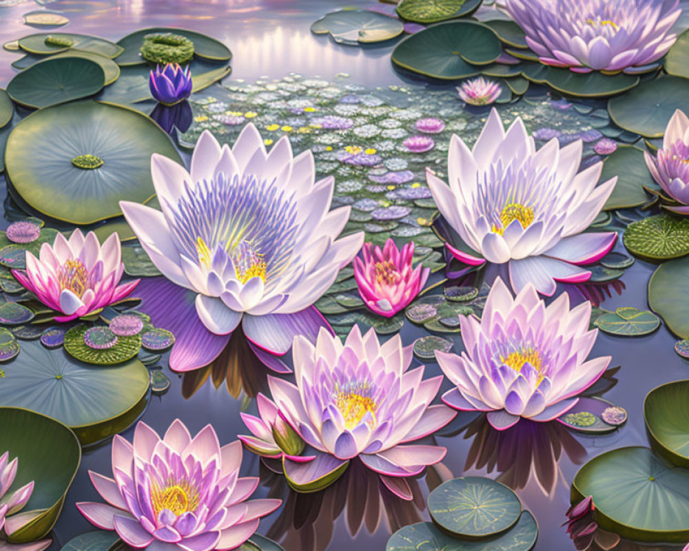 Pink and Purple Water Lilies Blooming on Tranquil Pond