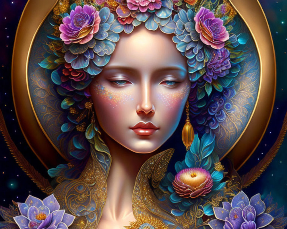 Illustration of woman with closed eyes, halo of flowers, cosmic background