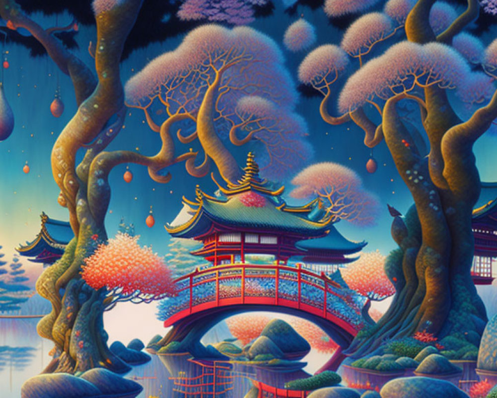 Colorful Asian temple scene with mystical trees and mountains