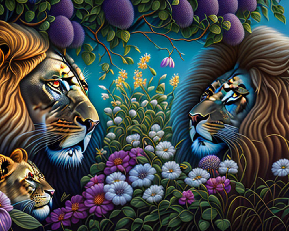 Vibrant lion painting with floral background - Mystical and noble atmosphere