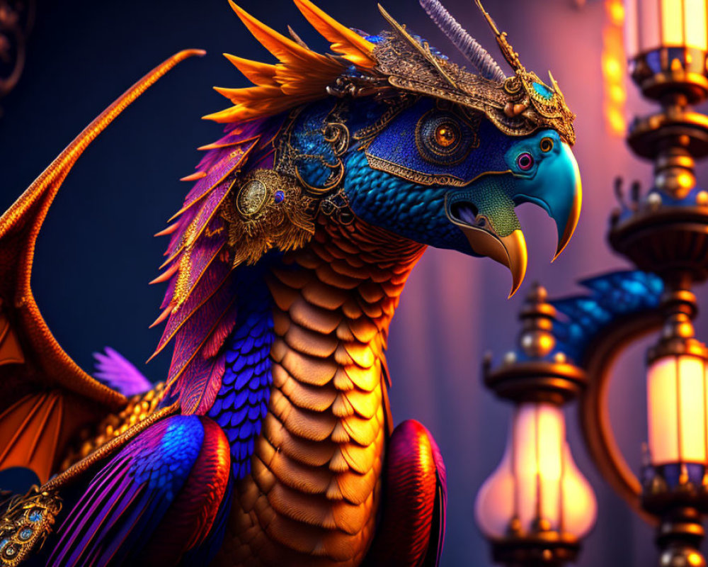 Detailed digital artwork: eagle in golden armor, lanterns, blue & orange backdrop