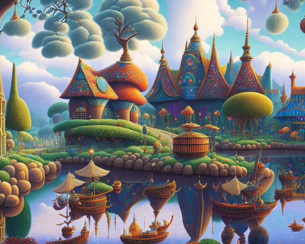 Colorful Fantasy Landscape with Whimsical Architecture & Floating Islands