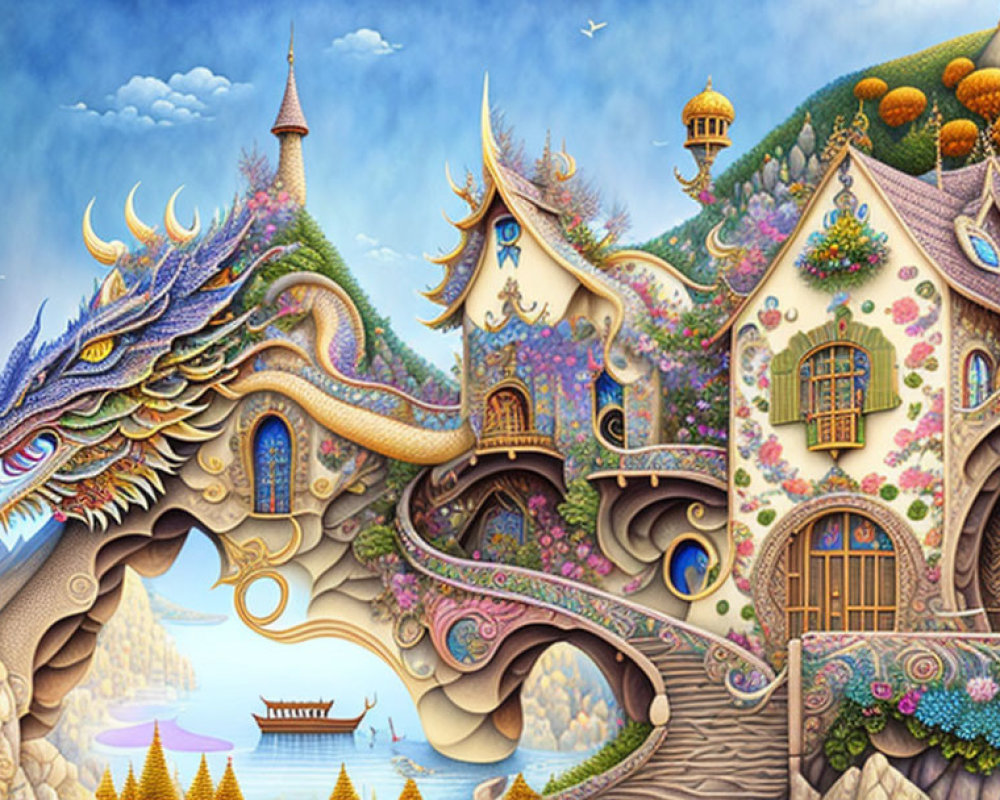 Majestic blue dragon in fantasy landscape with whimsical houses and floral motifs